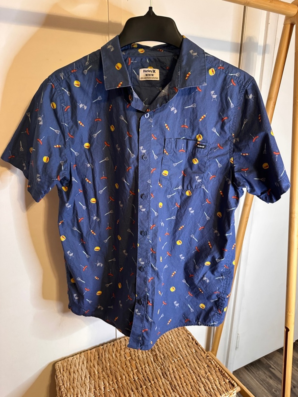 Hurley Navy Short-Sleeve Button-Up with Playful Print